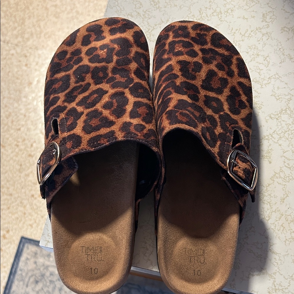 Time and True Leopard Print Slip-On Buckle Clogs - Brown & Black